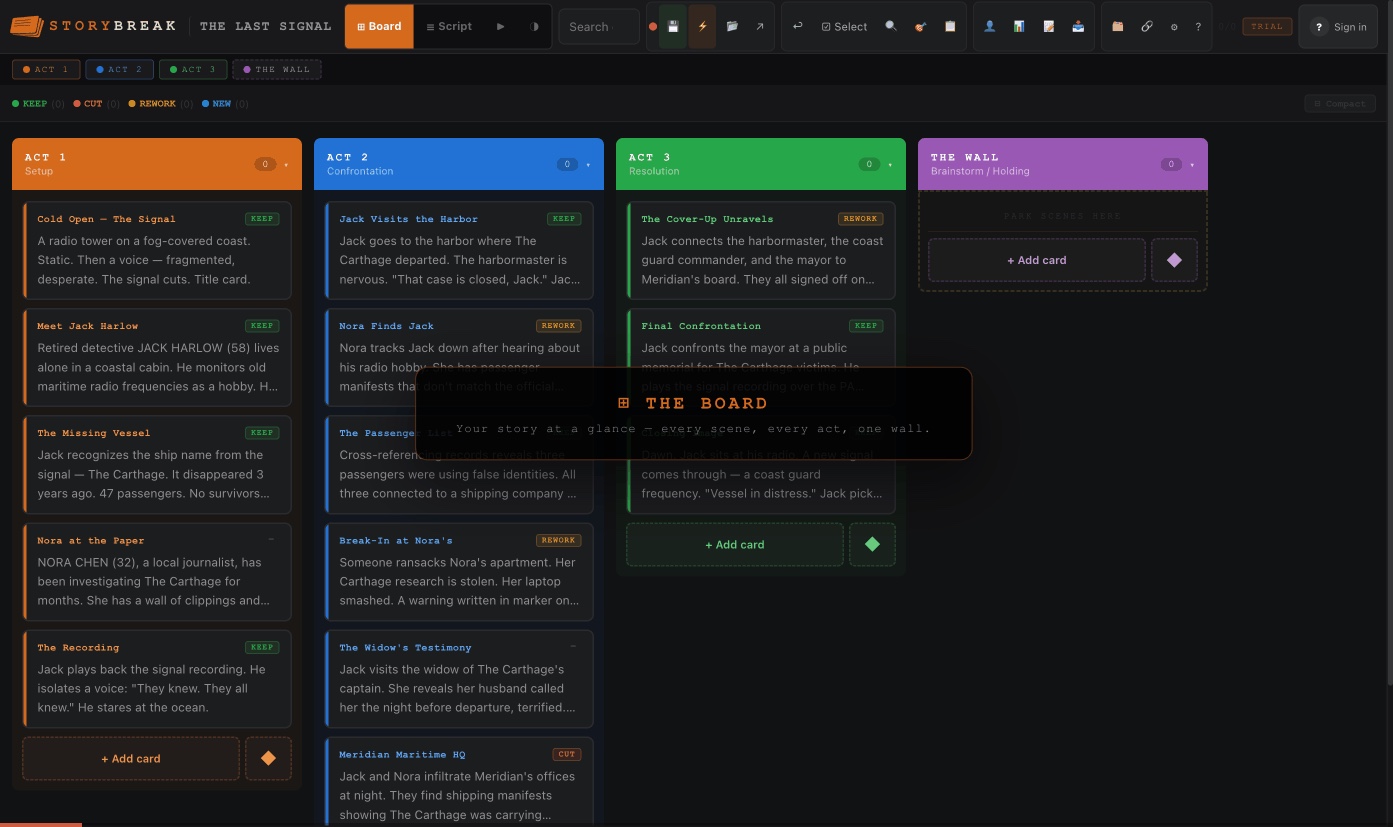 Board view with scene cards across multiple timelines