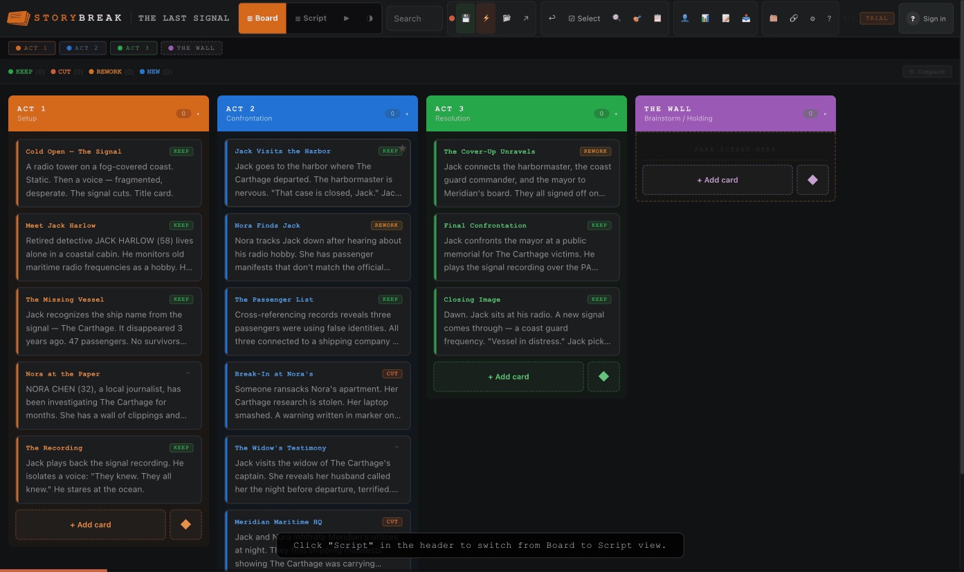 Script view showing linear scene order