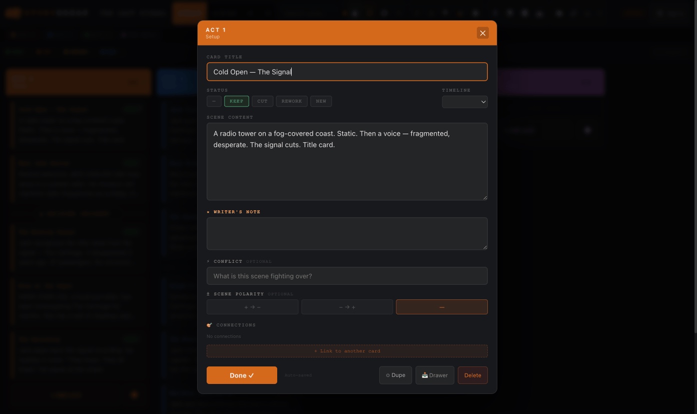 Card editor showing scene content, status, connections